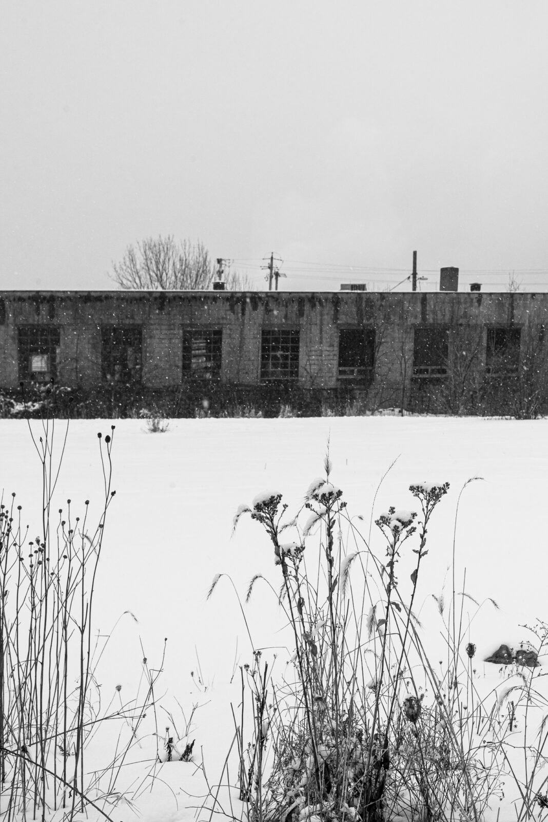 black and white photograph of snowy landscape with a one story factory building in the background and grey sky