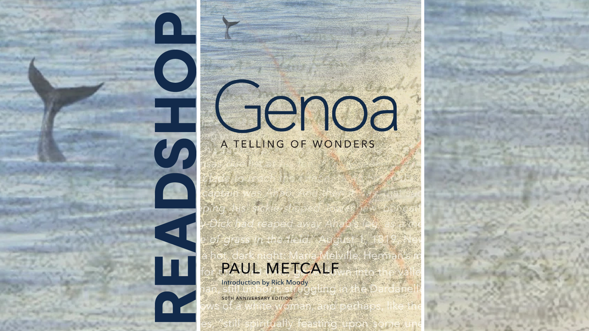 Promotional banner with cover of Genoa by Paul Metcalf in the center, an extreme close up of cover detail in the background, 