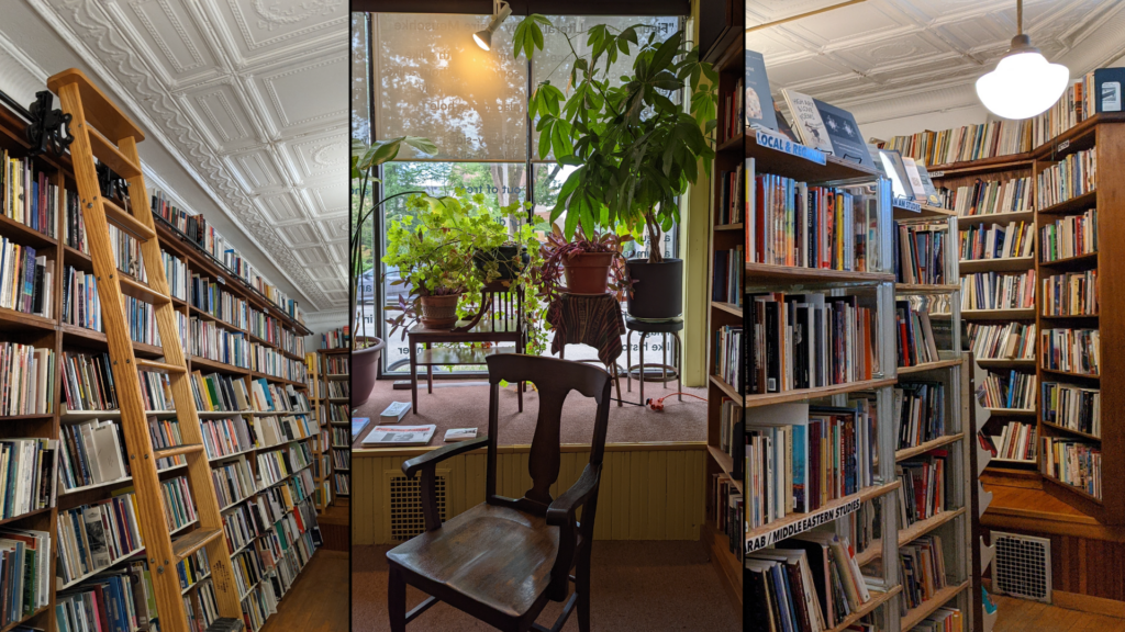 Three interior shots of Woodland Pattern showing full bookshelves, a book shelf ladder, front display window with plants and an empty wooden chair
