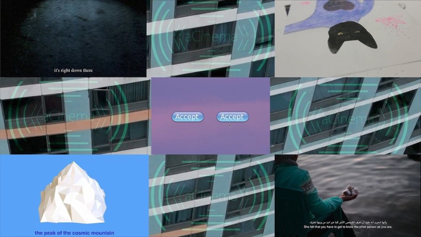 Composite of stills from the program with light blue aCinema logo on top