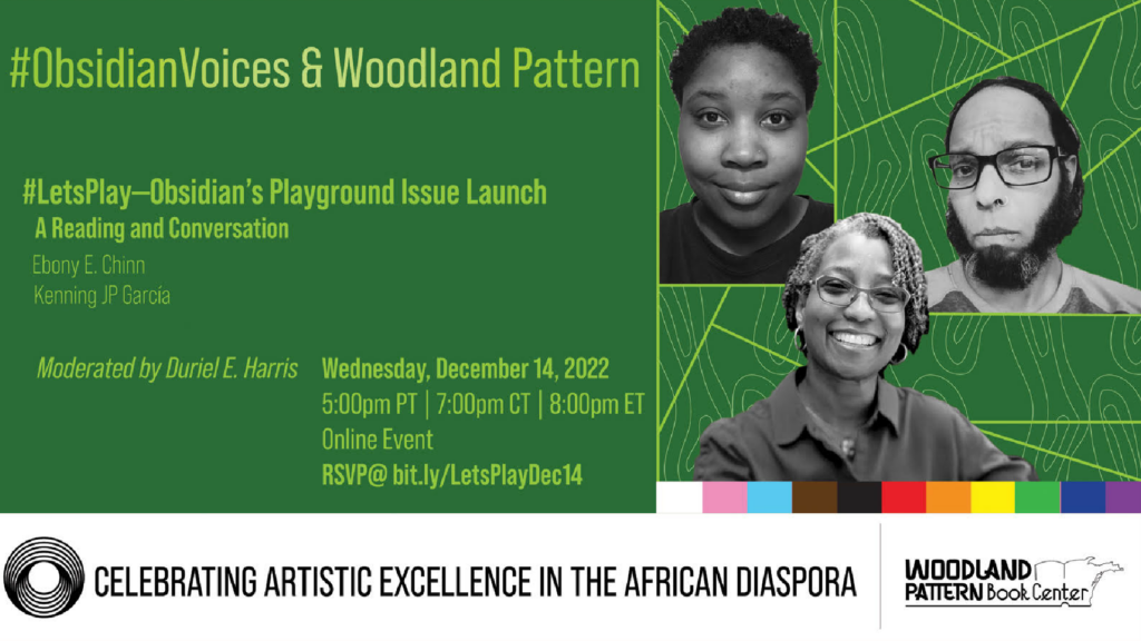 Promotional banner, bright green background, four author photos on the right hand side, all in black and white, the lower portion has the LGBTQIA+ rainbow and Obsidian's logo and mission statement in black with a white background. The statement reads "Celebrating Artistic Excellence in the African Diaspora." WP logo in black and white in the lower right. In the center of the image details of the event are written out. This text is in the body of the page and/or post..