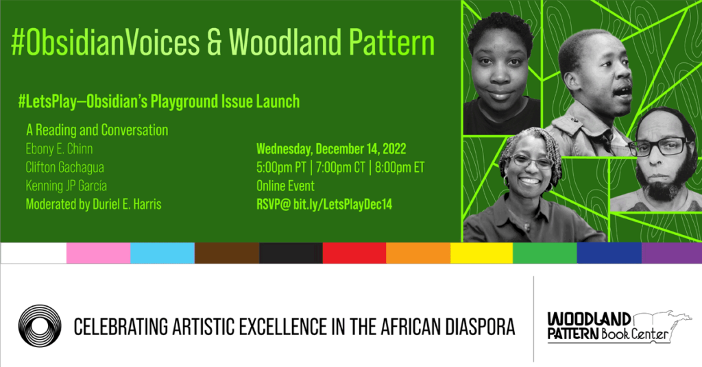 Promotional banner, bright green background, four author photos on the right hand side, all in black and white, the lower portion has the LGBTQIA+ rainbow and Obsidian's logo and mission statement in black with a white background. The statement reads "Celebrating Artistic Excellence in the African Diaspora." WP logo in black and white in the lower right. In the center of the image details of the event are written out. This text is in the body of the page and/or post..