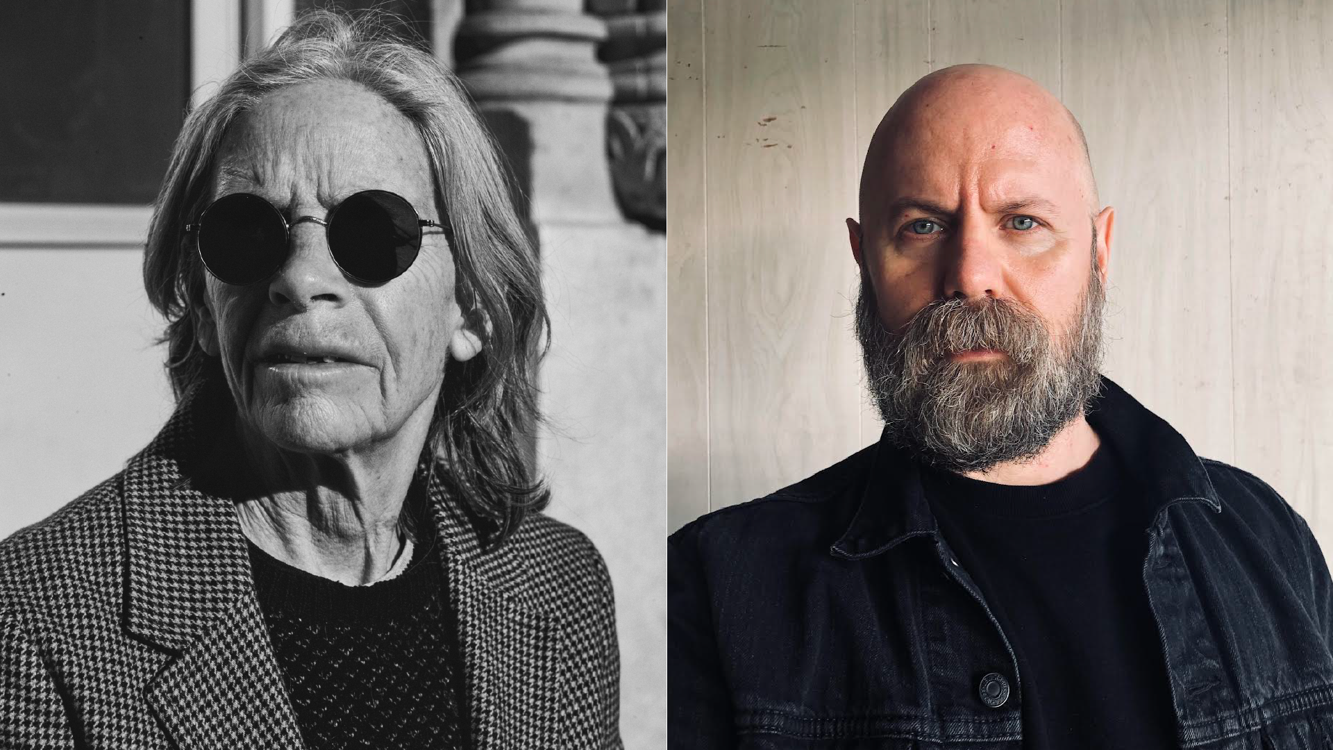 Author portraits, Eileen Myles in balck and white on the left, Nate Lippens in full color on the right.