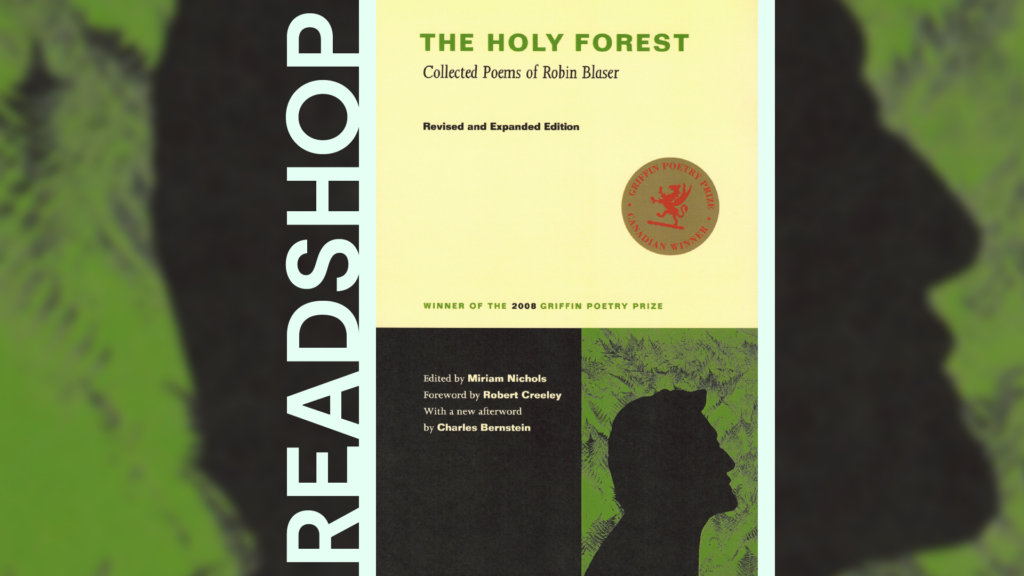 Promotional image, cover of The Holy Forest, centered, with a light blue border and matching text in all caps bold font that reads Readshop running vertical along the cover. An extreme close-up of the cover is set in the background. 