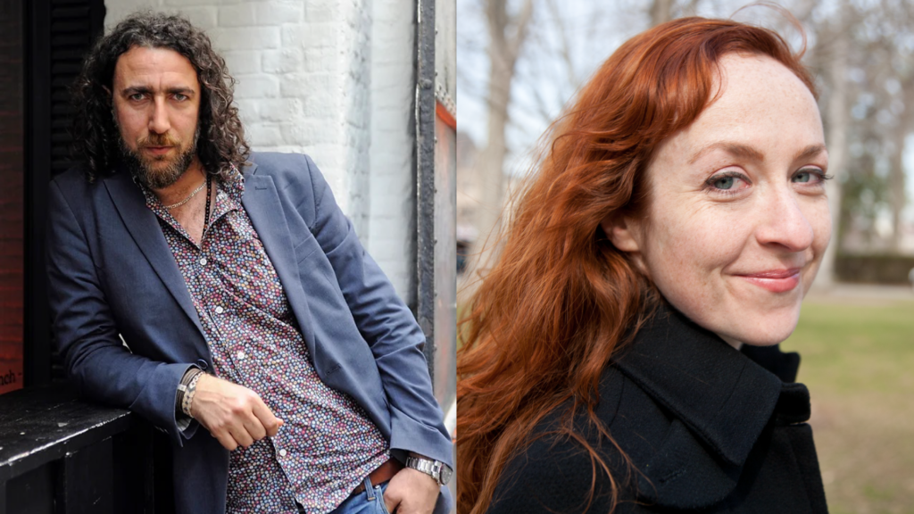 Promotional image, Ghayath Almadhoun author portrait on the left, Rachel Galvin's portrait on the right