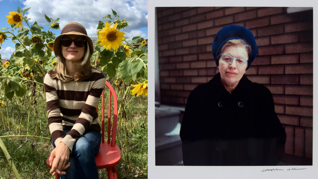 Promotional image, Kate Colby's author portrait on the left. She is pictured outside sitting on a red chair in the middle of a sunflower field. On the right is the photo of Lorine Niedecker by Jonathan Williams