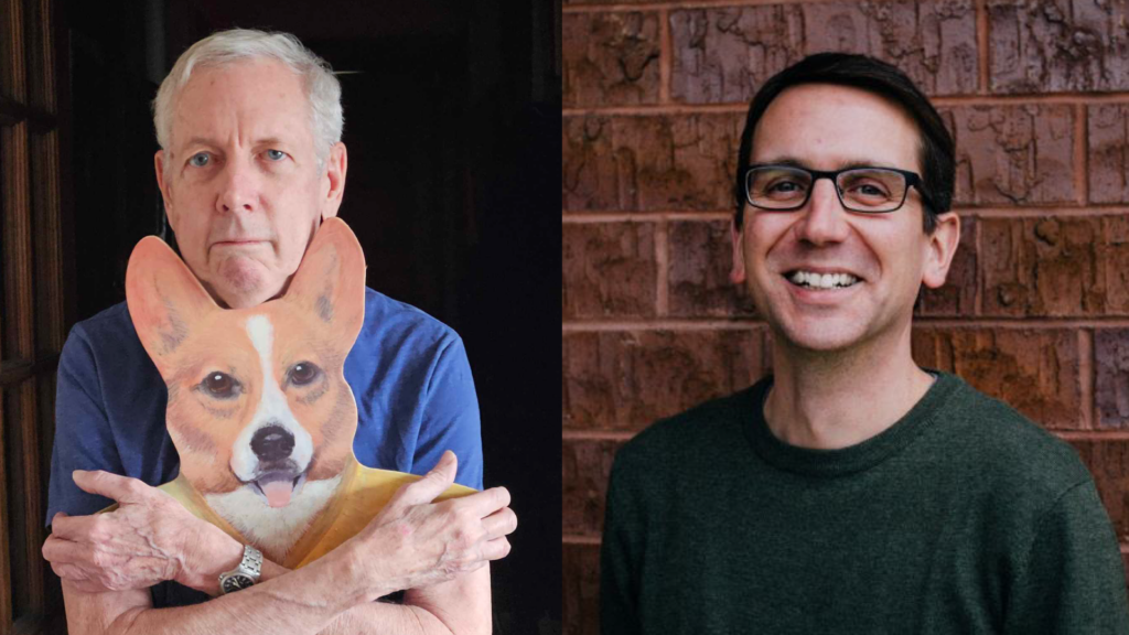 Two author portraits, Jim Chapson on the left holding a paper cutout of a corgi, on the right, Tyler Farrell standing against a brick wall.