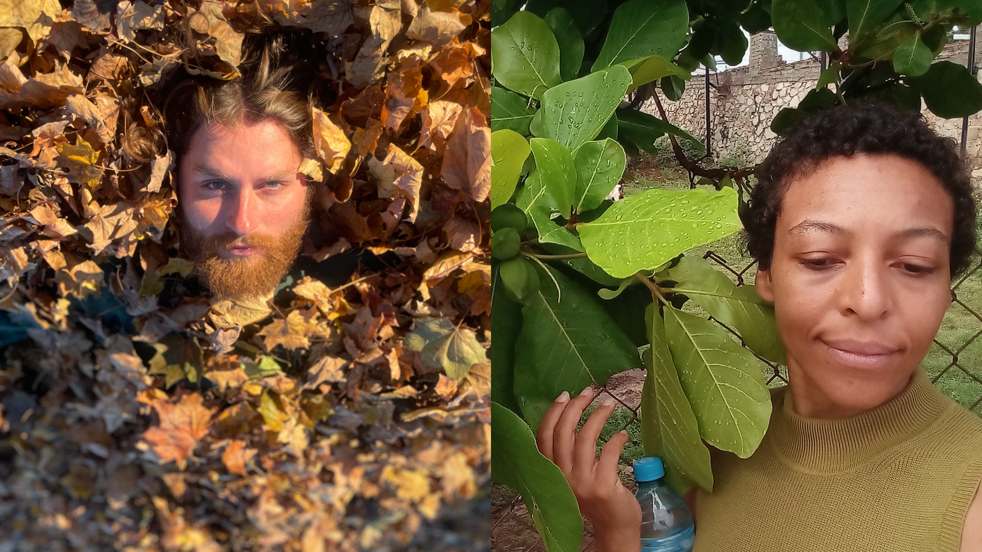 Two artist portraits, Ben Binversie on the left, Ben is in a pile of leaves with only his head showing, on the right Martina Patterson next to big green leaves.